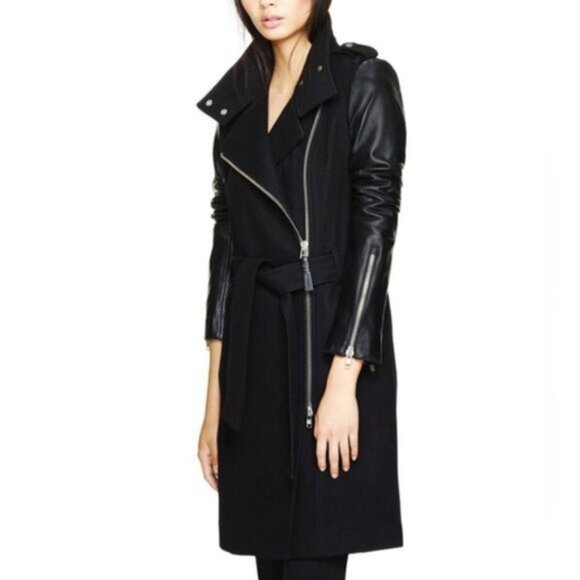 Aritzia Mackage Dale Wool Trench Coat Asymmetrical Leather Sleeves Black XXS - Picture 1 of 16